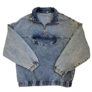 Boohoo Denim Quarter-Zip Pullover Jacket Sz 8 Cotton Dropped Shoulders Boxy